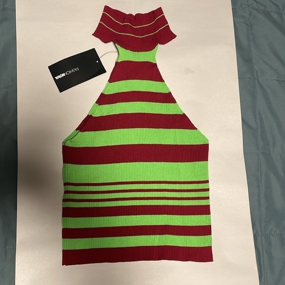 Retro Striped Halter Top Green Maroon Tank Rib High Neck NWT Fashion Nova Mod - Picture 1 of 9